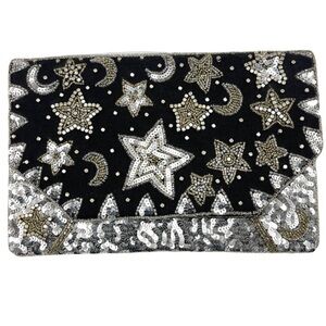 Beaded Star & Moon Clutch Bag with Chain Strap | Black & Silver Evening Purse